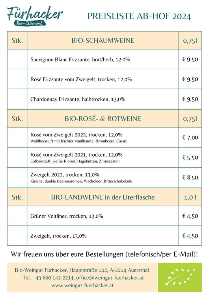 Weingut Fürhacker Preislsite